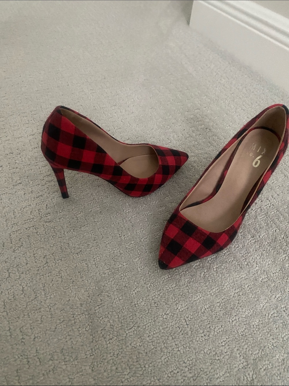 Plaid Pointed-Toe Stiletto Pumps in Red and Black